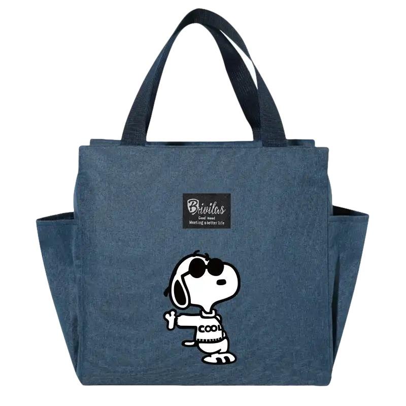 Blue tote bag with Snoopy design.
