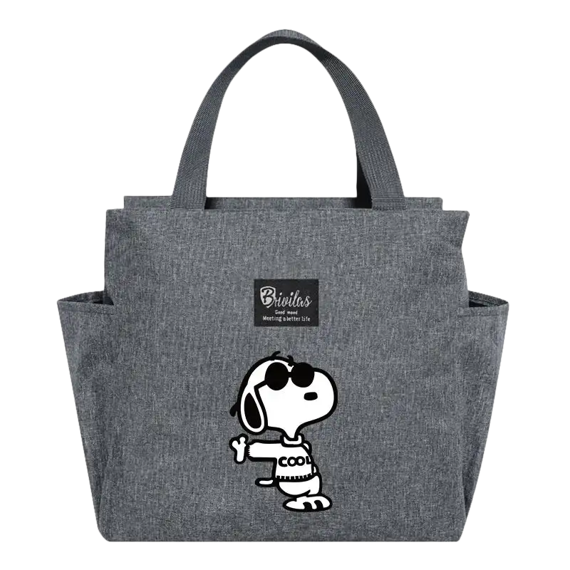Gray tote bag with Snoopy design.