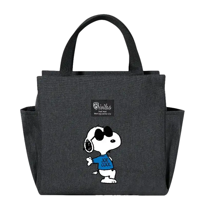Gray tote bag with Snoopy design.
