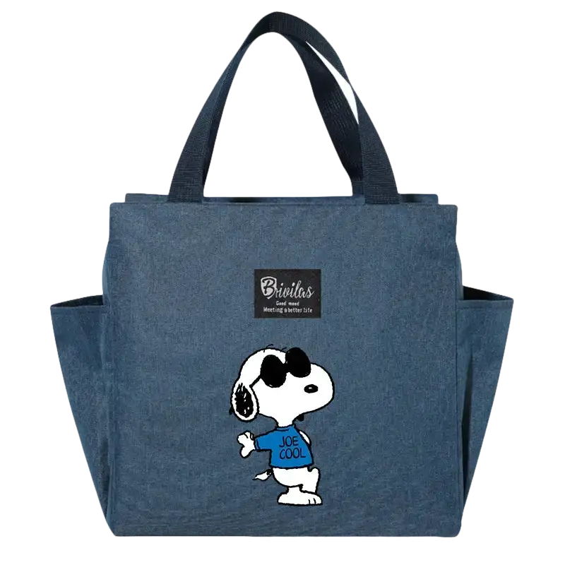 Blue tote bag with Snoopy design.