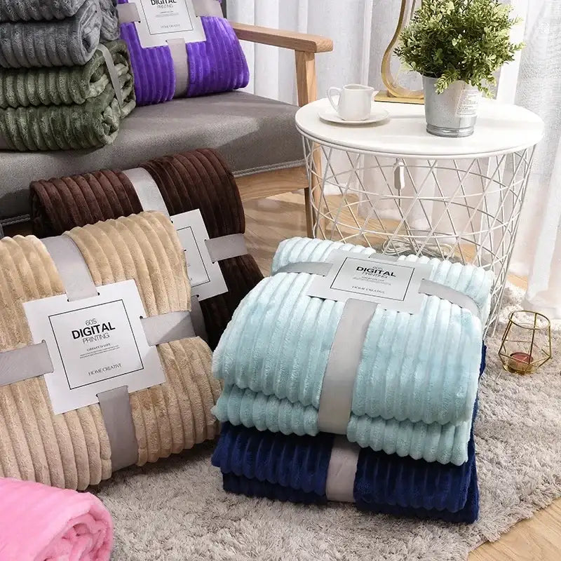 Striped Flannel Blankets For Beds Solid Pink Blue Color Soft Warm Mink Throw Sofa Cover Bedspread Beach Airplane Travel
