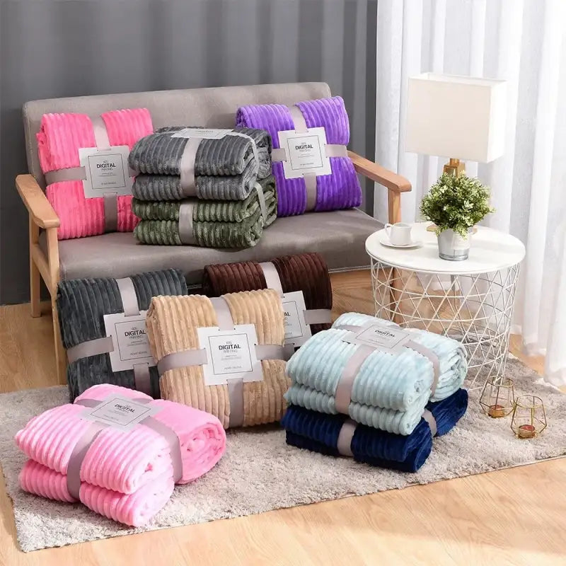 Striped Flannel Blankets For Beds Solid Pink Blue Color Soft Warm Mink Throw Sofa Cover Bedspread Beach Airplane Travel