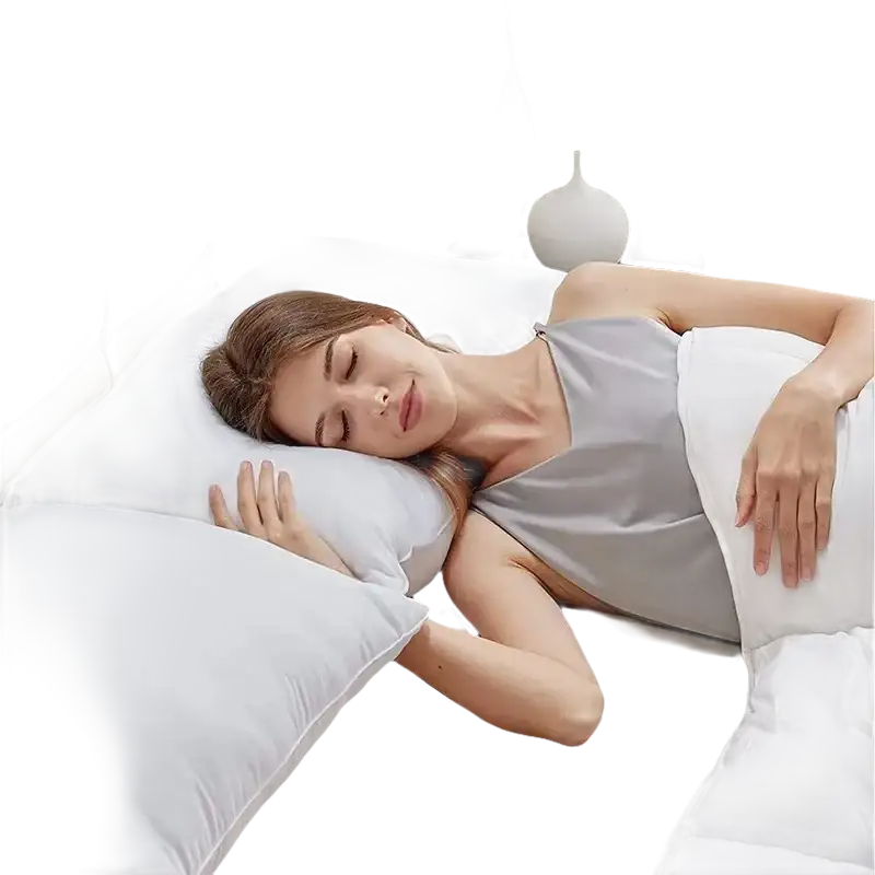 Woman sleeping with body pillow.