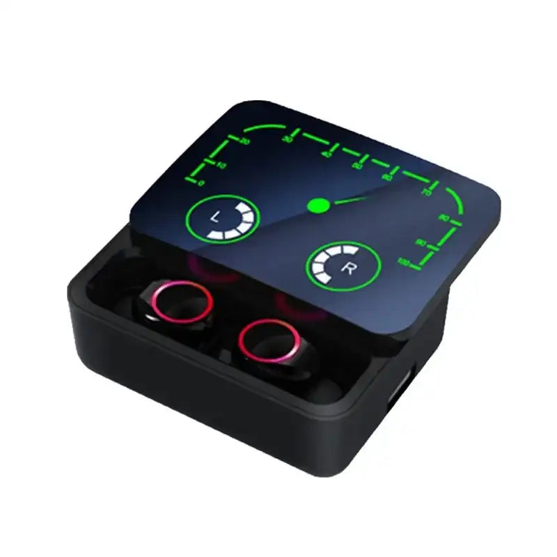 Black wireless earbuds with charging case.