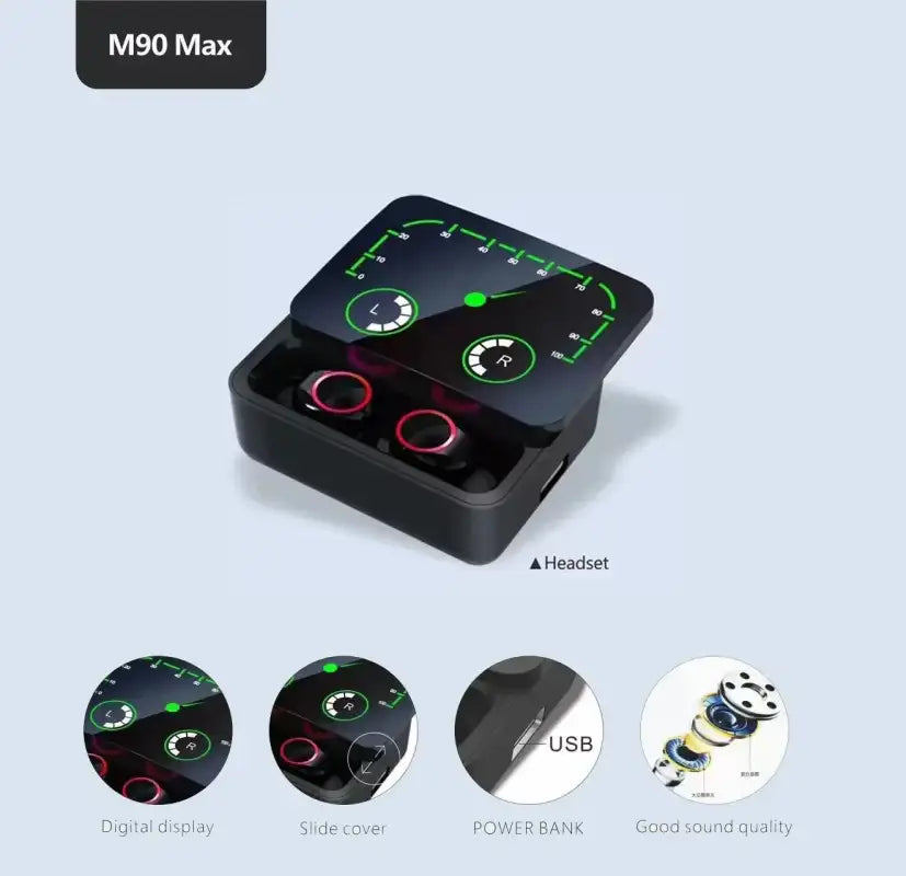 Black wireless earbuds with charging case.