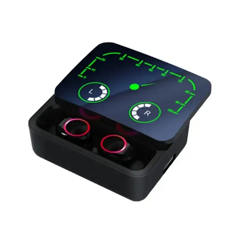 Black wireless earbuds with charging case.