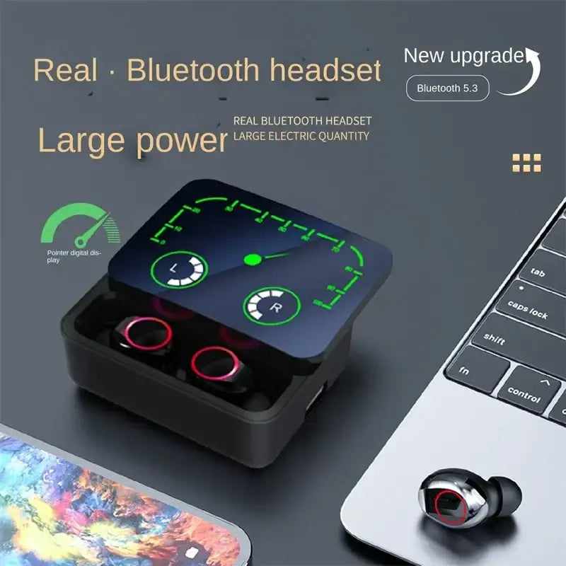 Bluetooth earbuds with charging case.