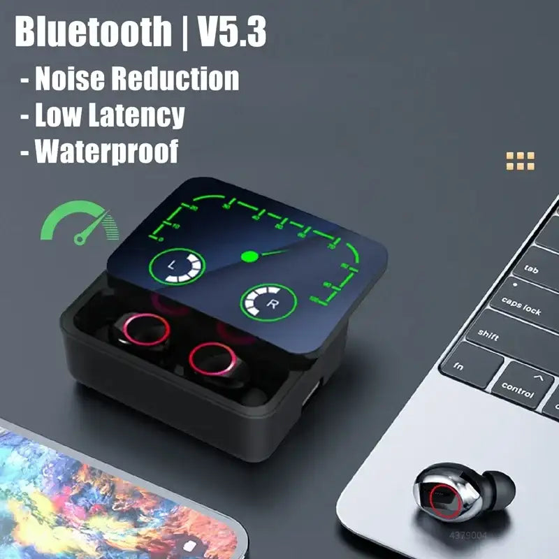 Wireless earbuds with charging case.