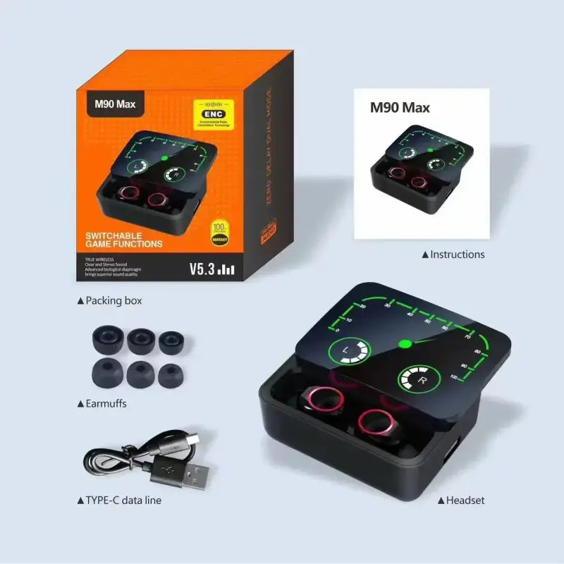 Wireless gaming earbuds with charging case.