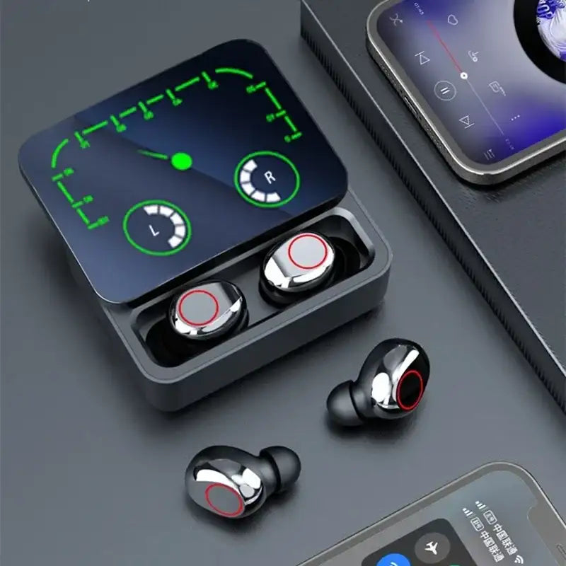 Wireless earbuds with charging case.