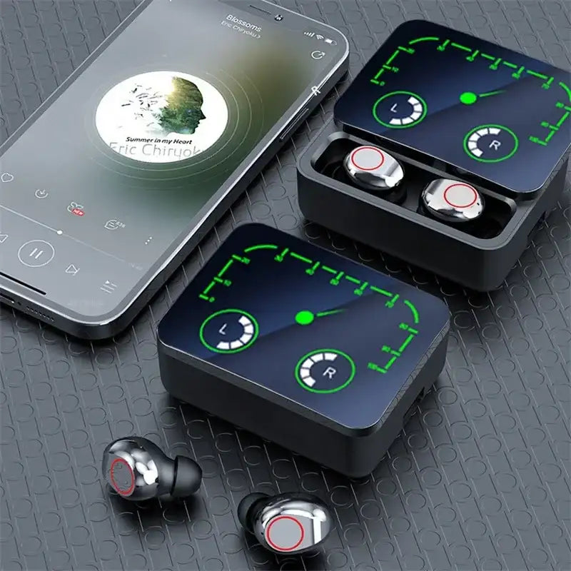 Wireless earbuds with charging cases and a smartphone.
