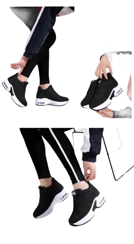 Black athletic shoes with white soles.