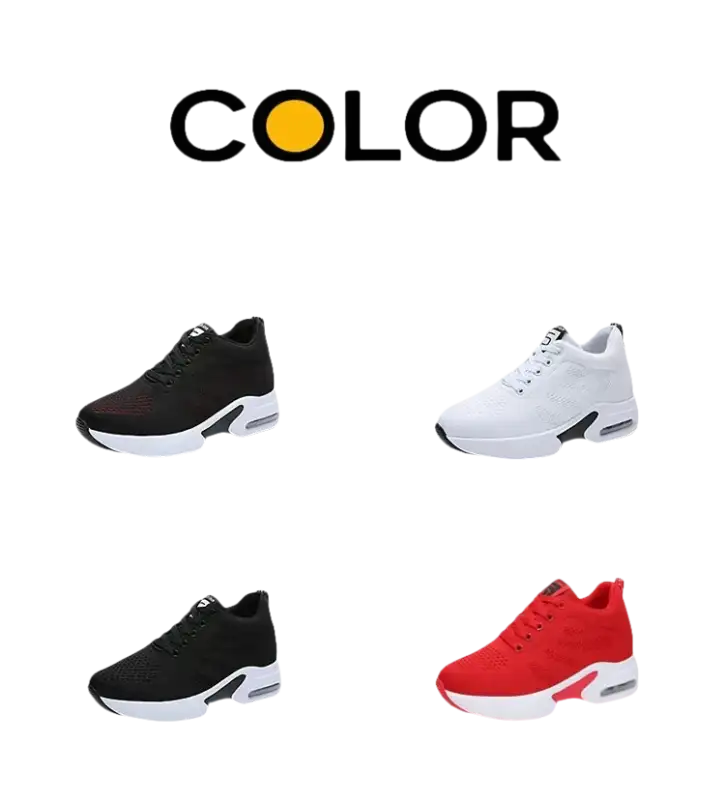 Four pairs of athletic shoes in different colors.