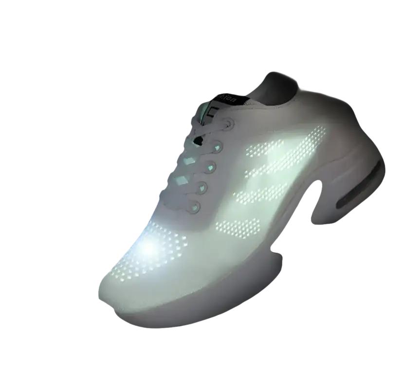 Illuminated white athletic shoe.