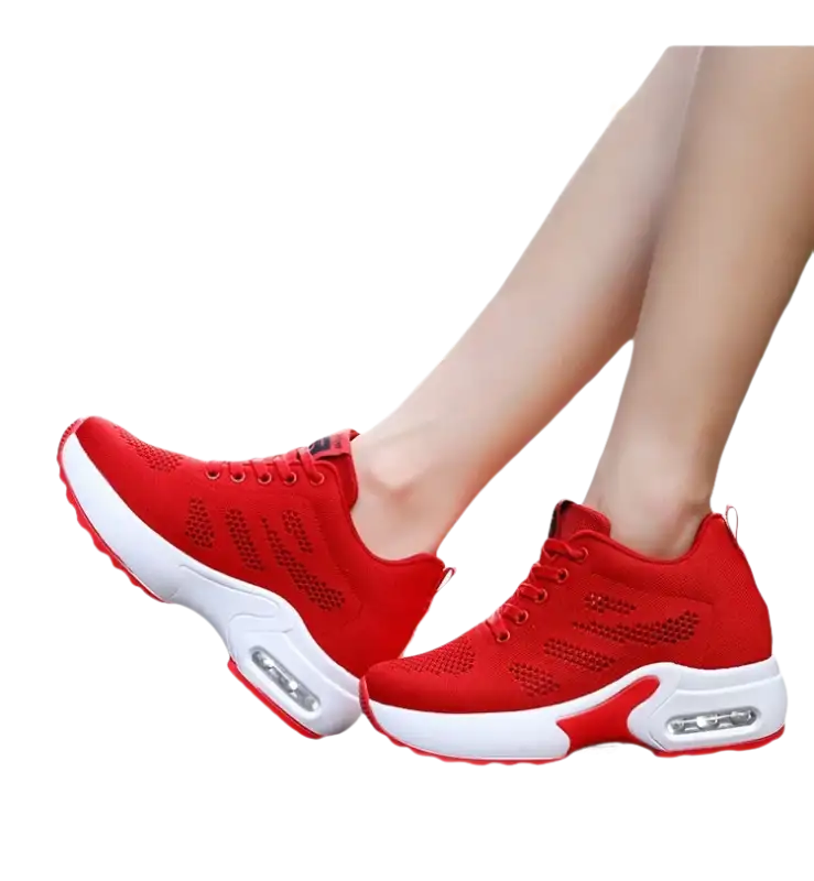 Red and white platform sneakers.