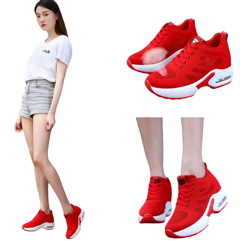Red and white athletic shoes.