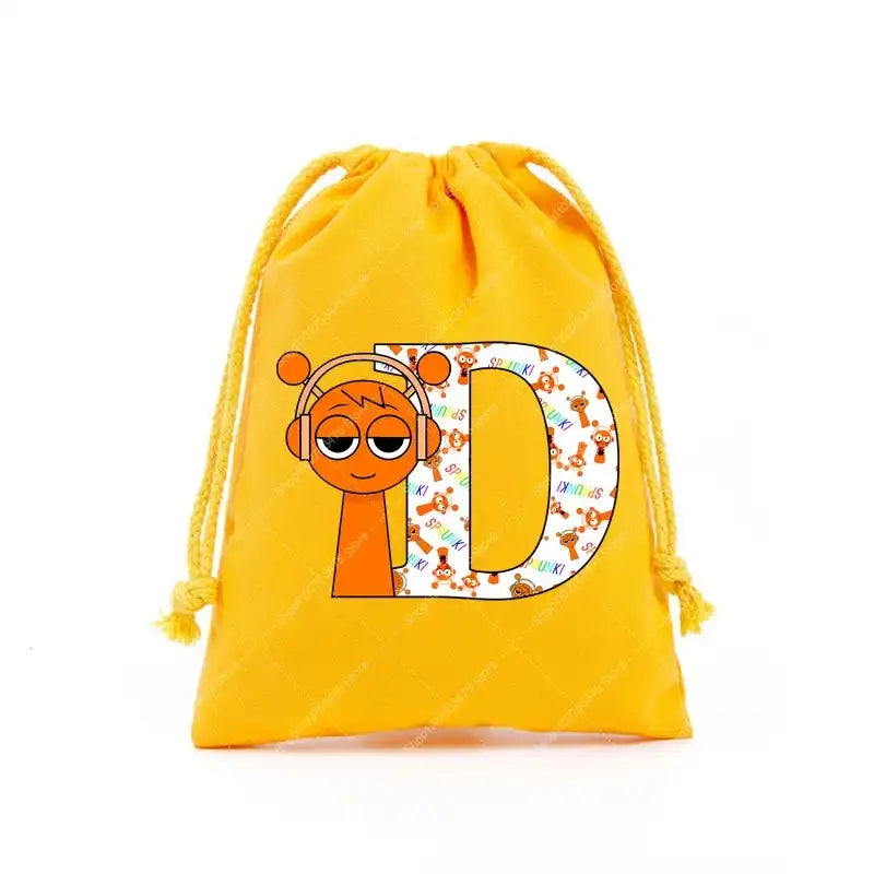 Yellow drawstring bag with cartoon character and letter D.