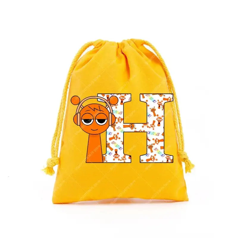Yellow drawstring bag with cartoon graphics.