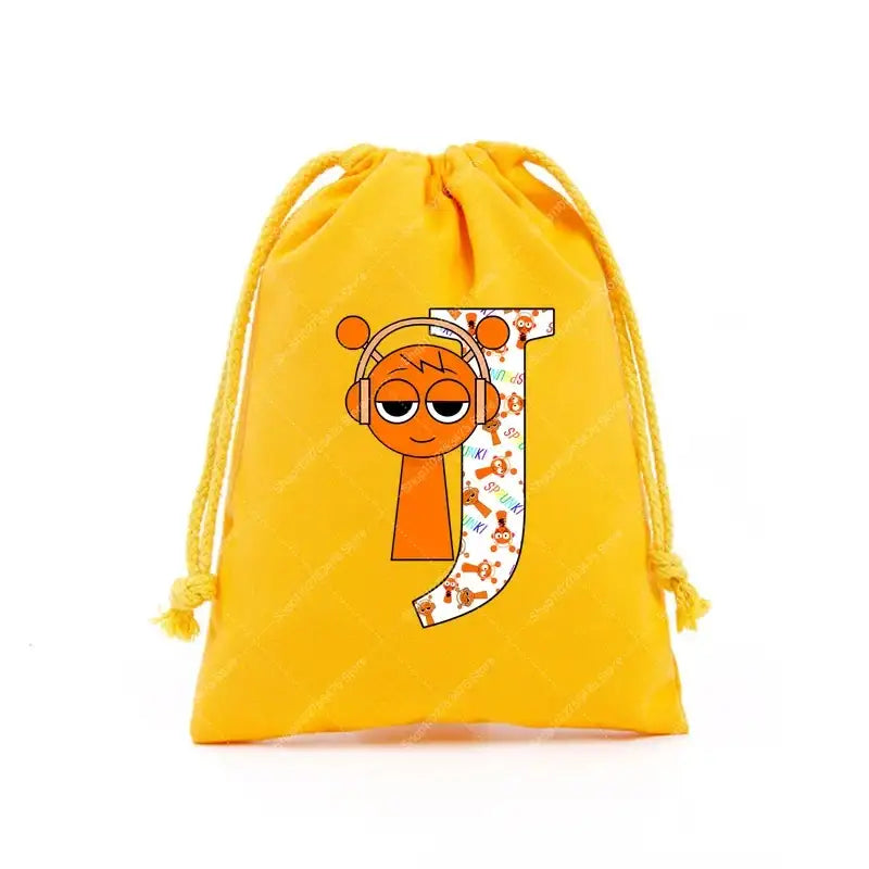 Yellow drawstring bag with cartoon character and letter J.