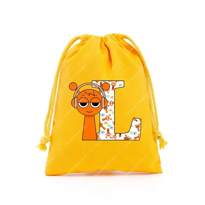 Yellow drawstring bag with cartoon character and letter.