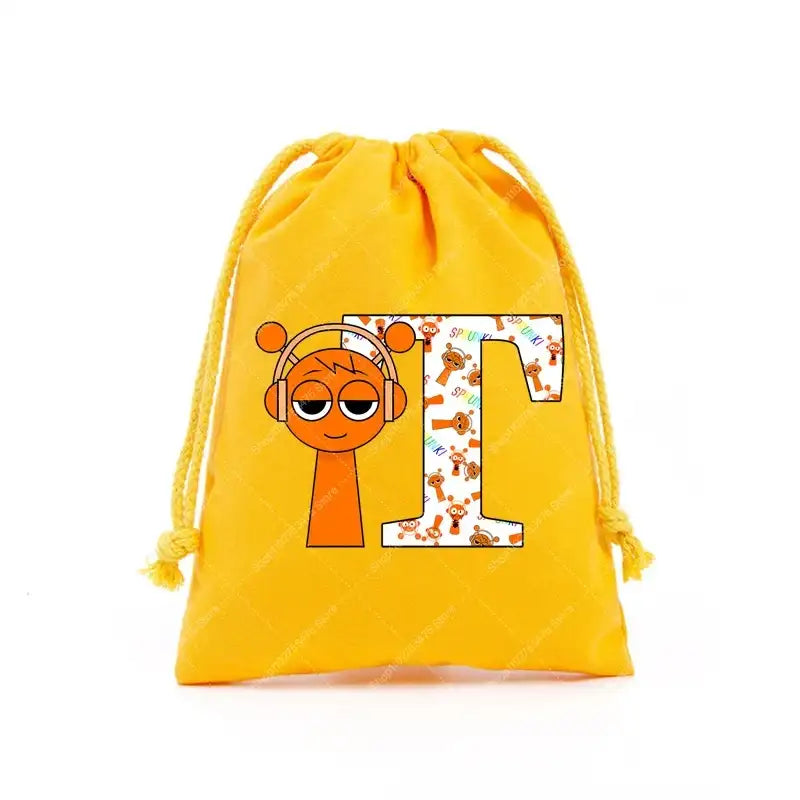 Yellow drawstring bag with cartoon character and letter.