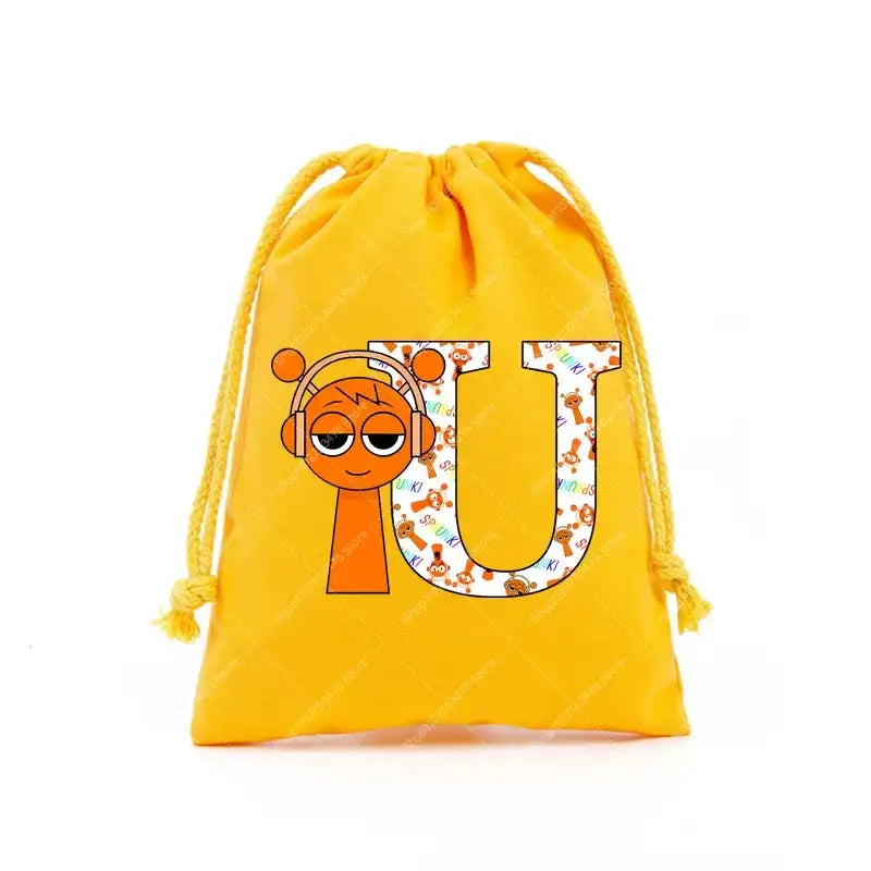 Yellow drawstring bag with cartoon character and letter U.