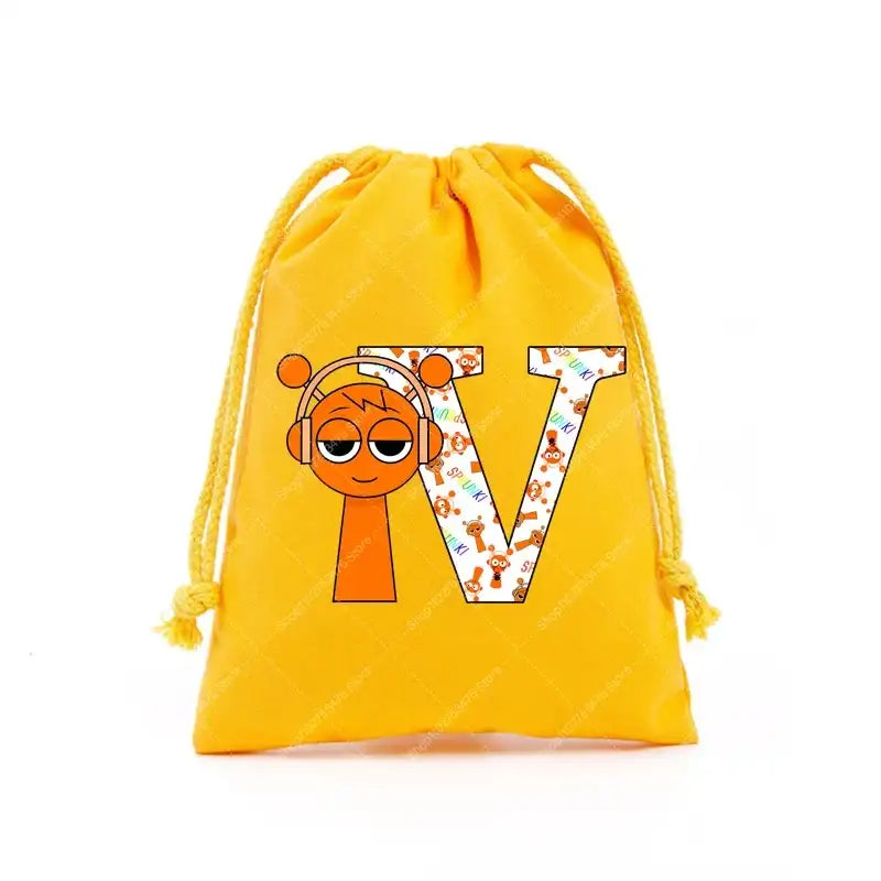 Yellow drawstring bag with cartoon design.