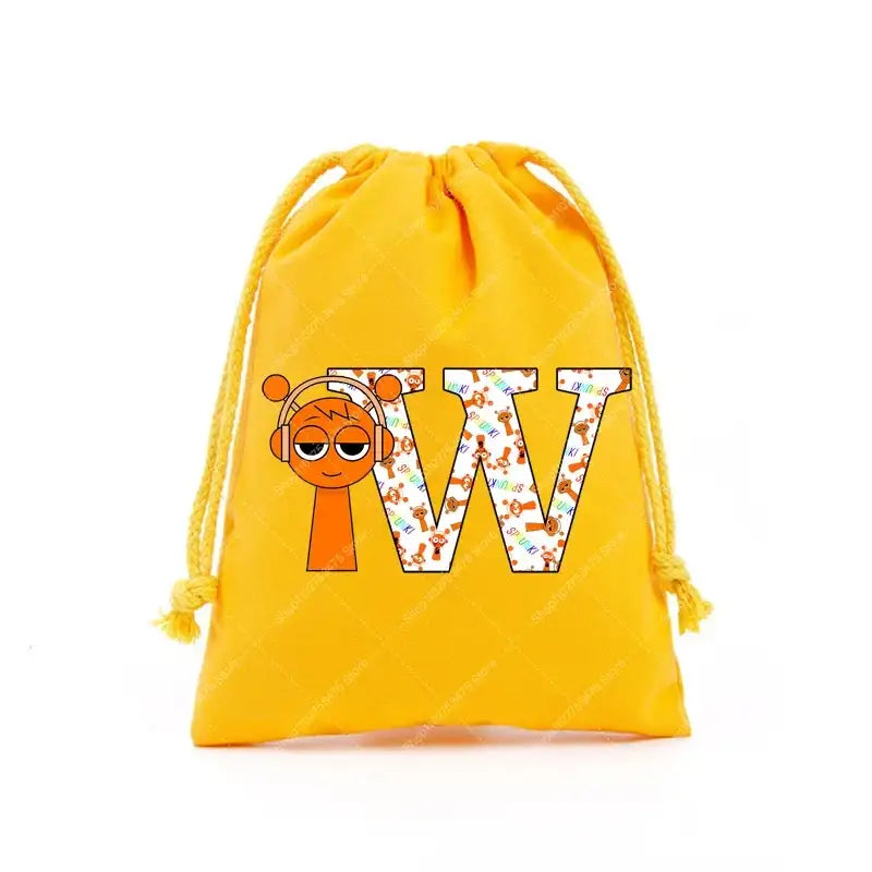 Yellow drawstring bag with cartoon letter.