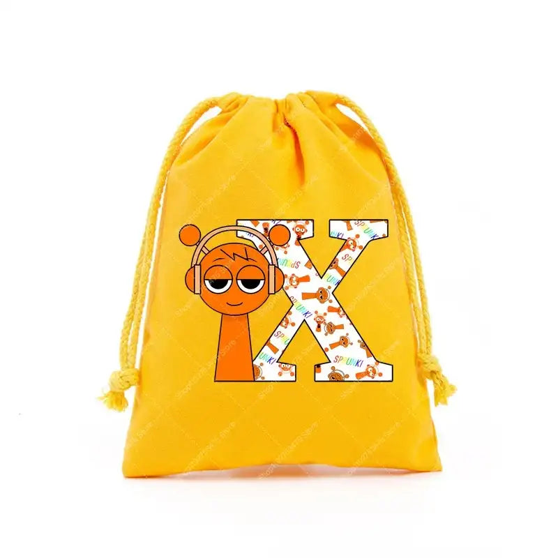 Yellow drawstring bag with cartoon graphics.