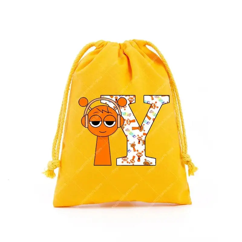 Yellow drawstring bag with cartoon character and letter Y.