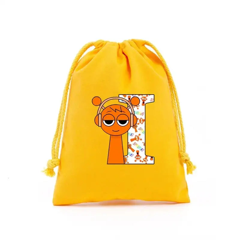 Yellow drawstring bag with cartoon character and letter I.