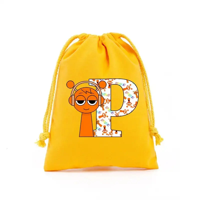 Yellow drawstring bag with cartoon character and letter.