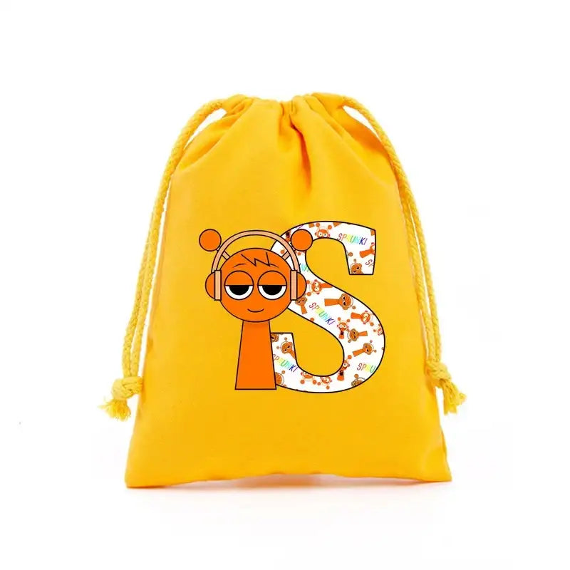 Yellow drawstring bag with cartoon character and letter.