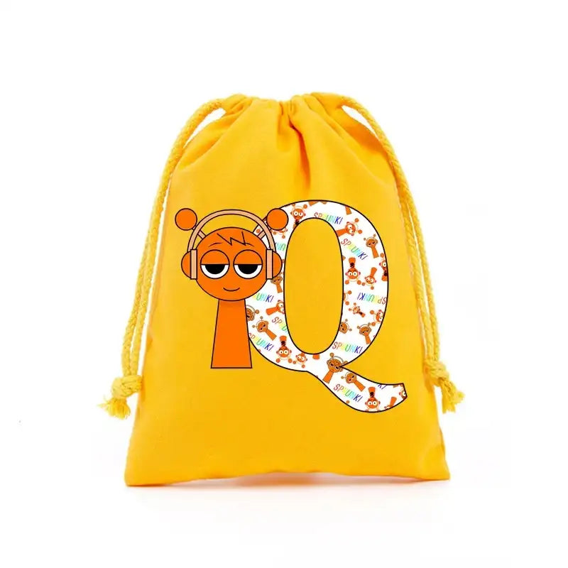 Yellow drawstring bag with cartoon graphics.