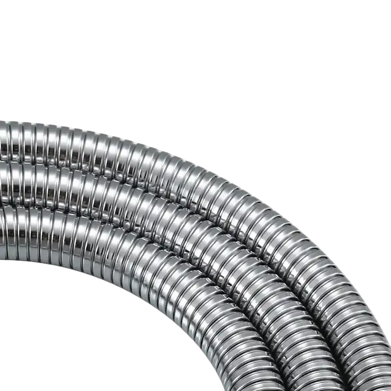 Shiny, flexible metal hoses.