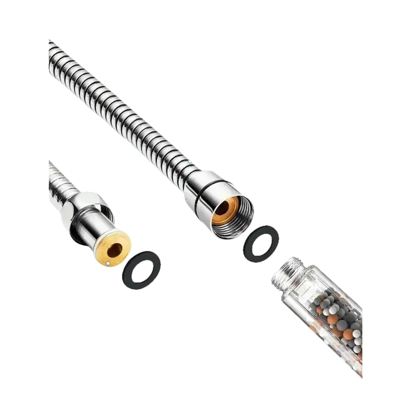 Stainless steel shower hose with brass connections.
