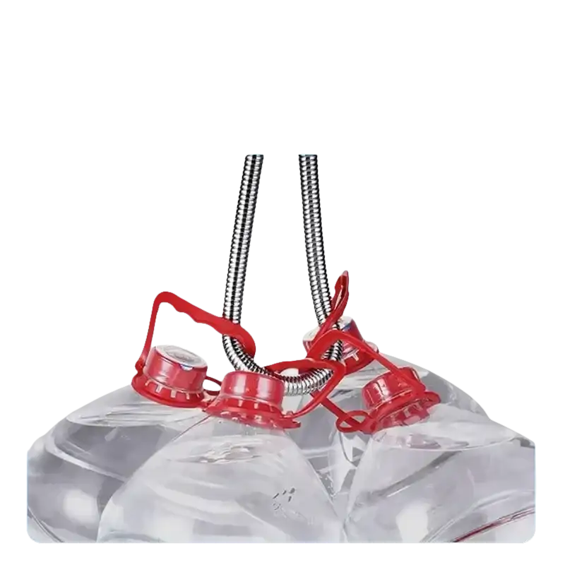 Water bottle carrier with red caps.