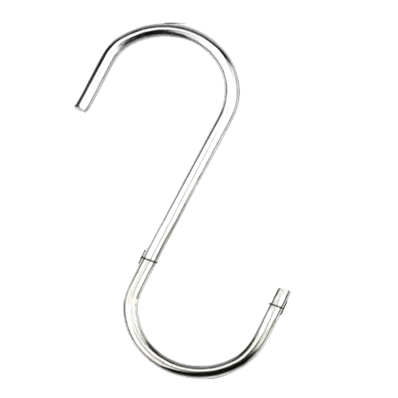 Silver metal S-shaped hook with dimensions.