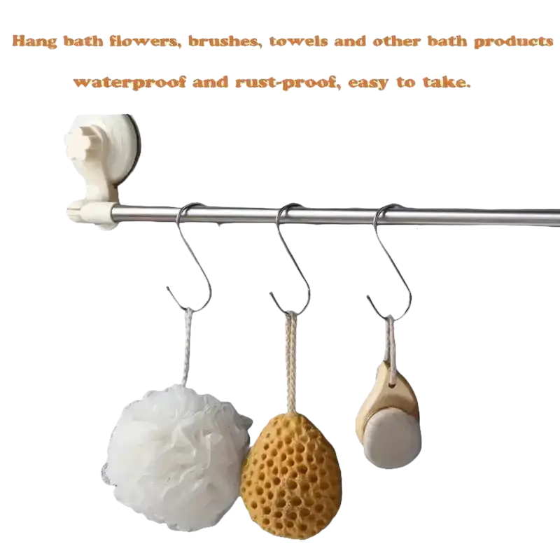 Bathroom accessories hanging on a metal bar.