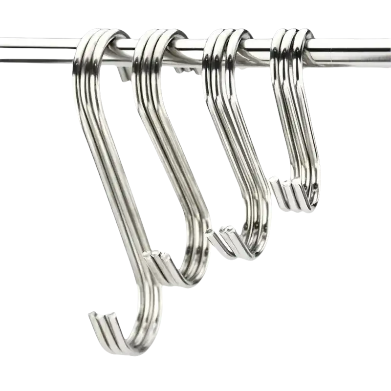 Four shiny metal S-hooks.