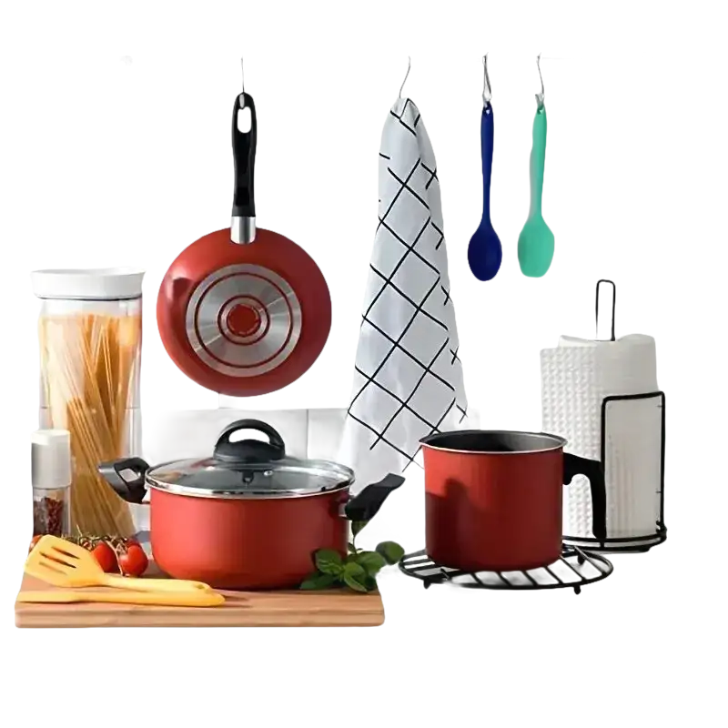 Red cookware set.