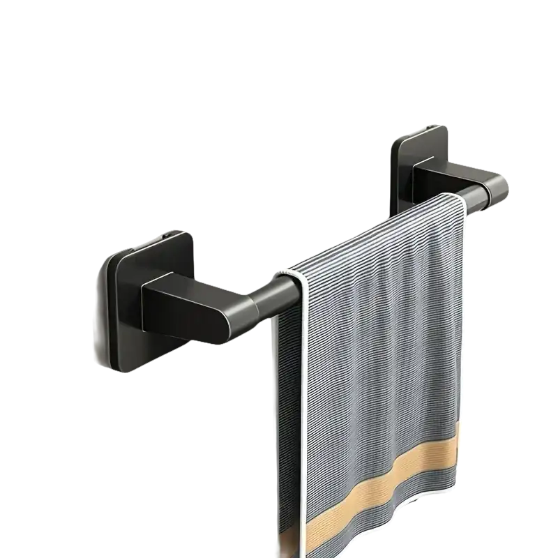 Black metal towel rack with dimensions.