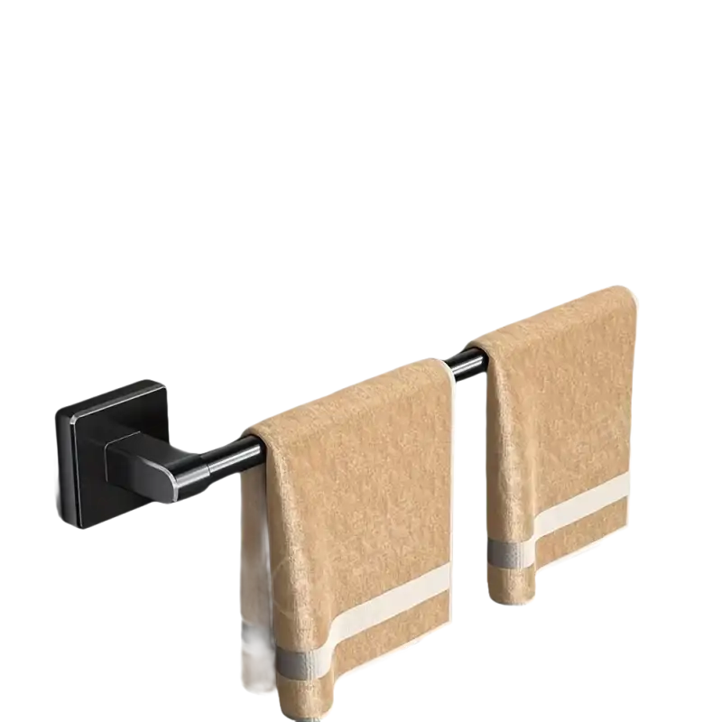 Black metal towel rack with two beige towels.
