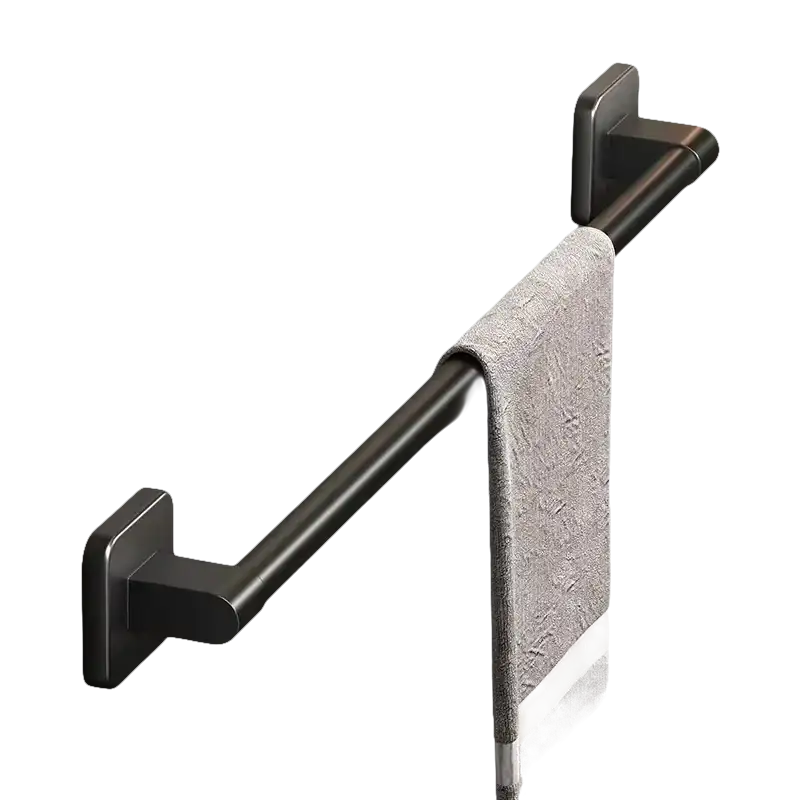 Black metal towel bar with towel.