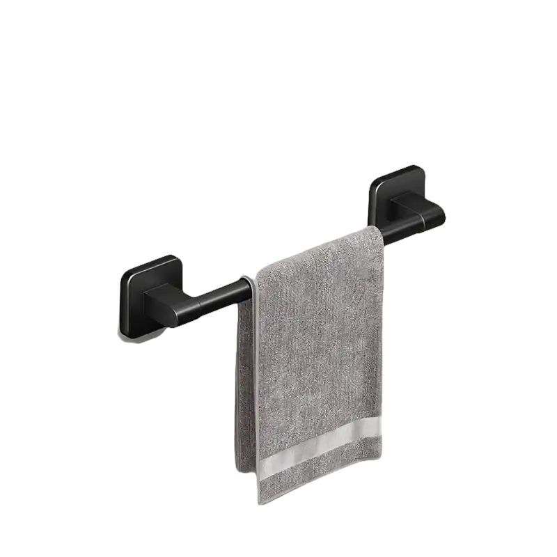 Black towel bar with gray towel.