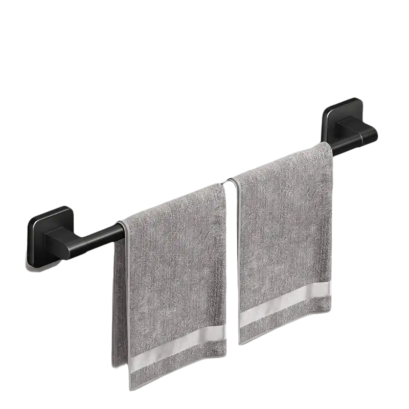 Black towel bar with gray towels.
