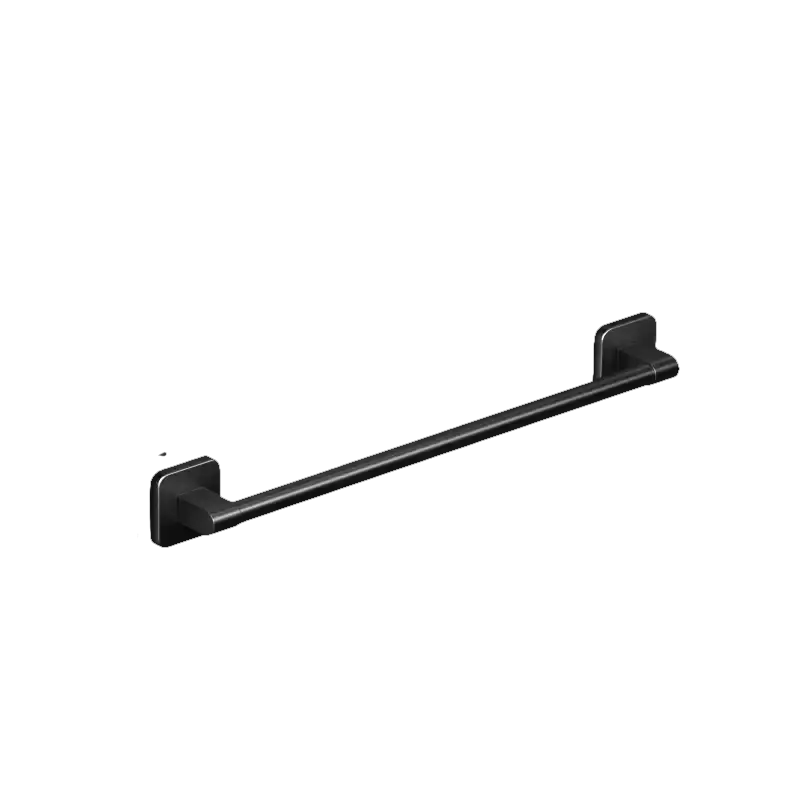 Black metal towel bar with dimensions.