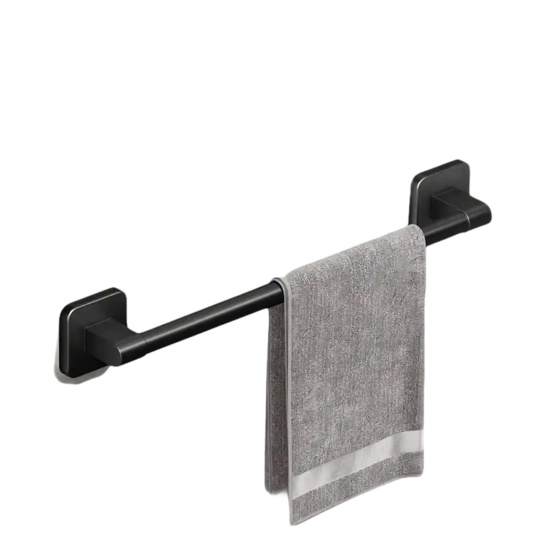 Black metal towel bar with gray towel.