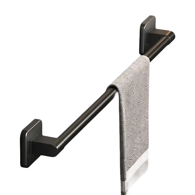 Black metal towel bar with gray towel.