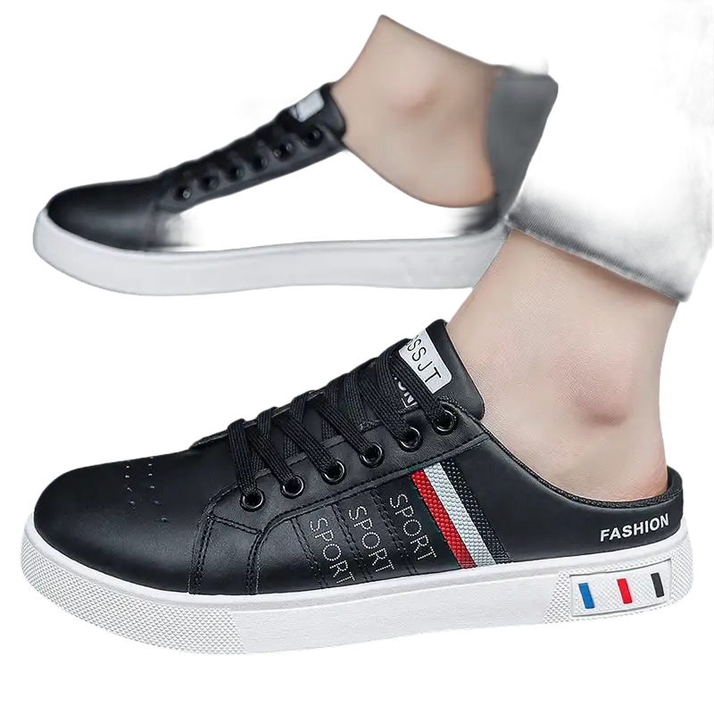 Black leather mule sneakers.